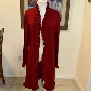Travel Smith Red Ruffled Open Long Cardigan Sweater Size XL